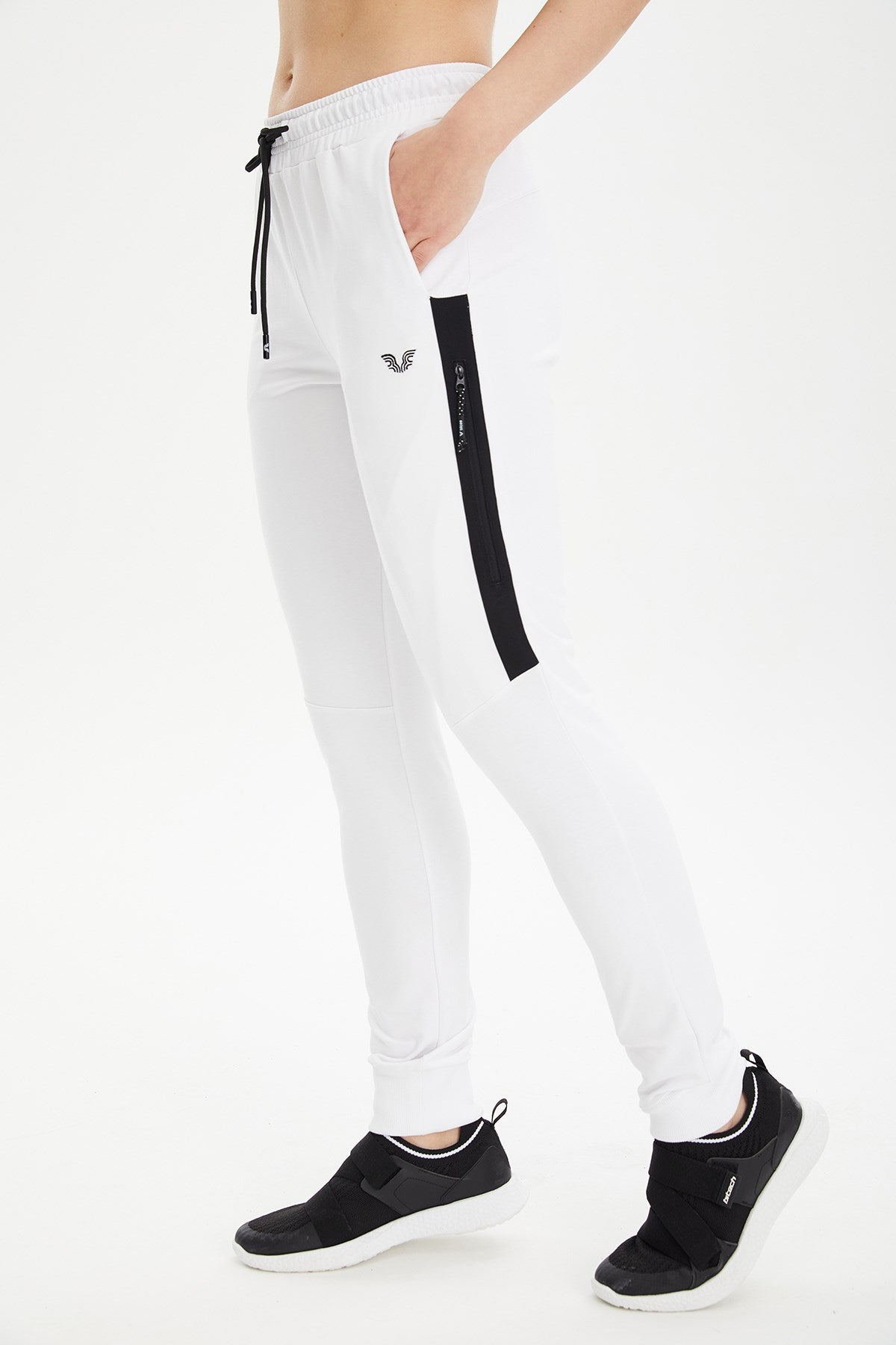 Women's White Ribbed Cotton Pockets Solid Color Casual And Sports Sweatpants 0807 Tb23wl05s0807-1