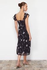 Black Floral A Cut Sleeves Frilled Midi Woven Dress Twoss24el00537