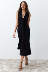 Black Body Sitting Draped Elegant Evening Dress Tprss24el00161