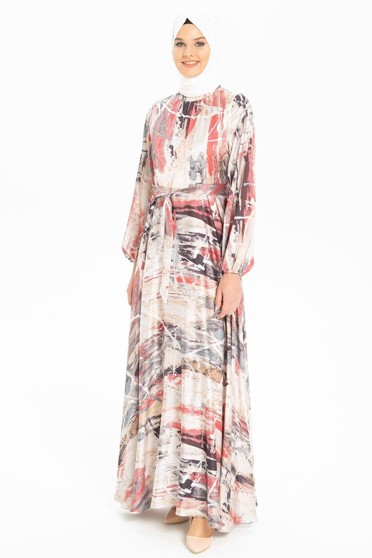 Forest Watercolor Printed Coffee Burkini Silk Dress 5255 T22el3m5255