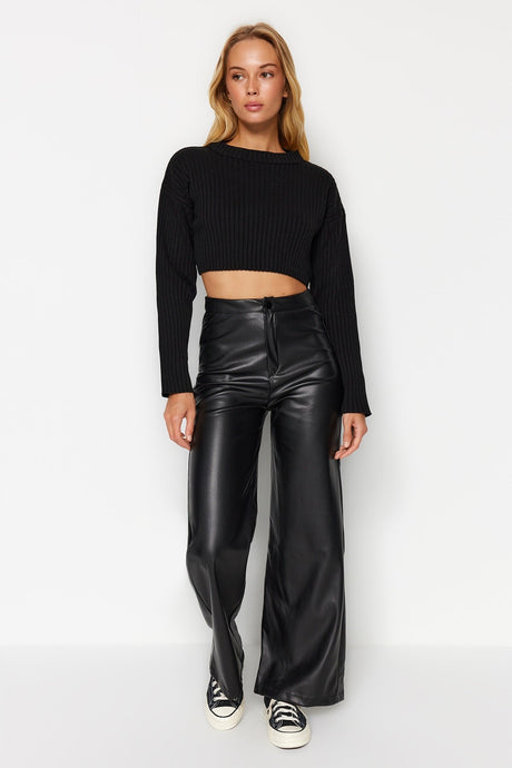 Black Faux Leather Wide Leg Pocket Detailed Knitted Pants Twoaw24pl00103