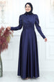 Women's Navy Blue (indigo) Beading Detailed Satin Evening Dress T 5453 23yabltr5453