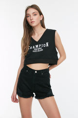 Black Ripped Mini Denim Shorts Twoss22sr0566