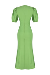 Green Body Wrapping Balloon Sleeve Midi Woven Dress Twoss24el00502