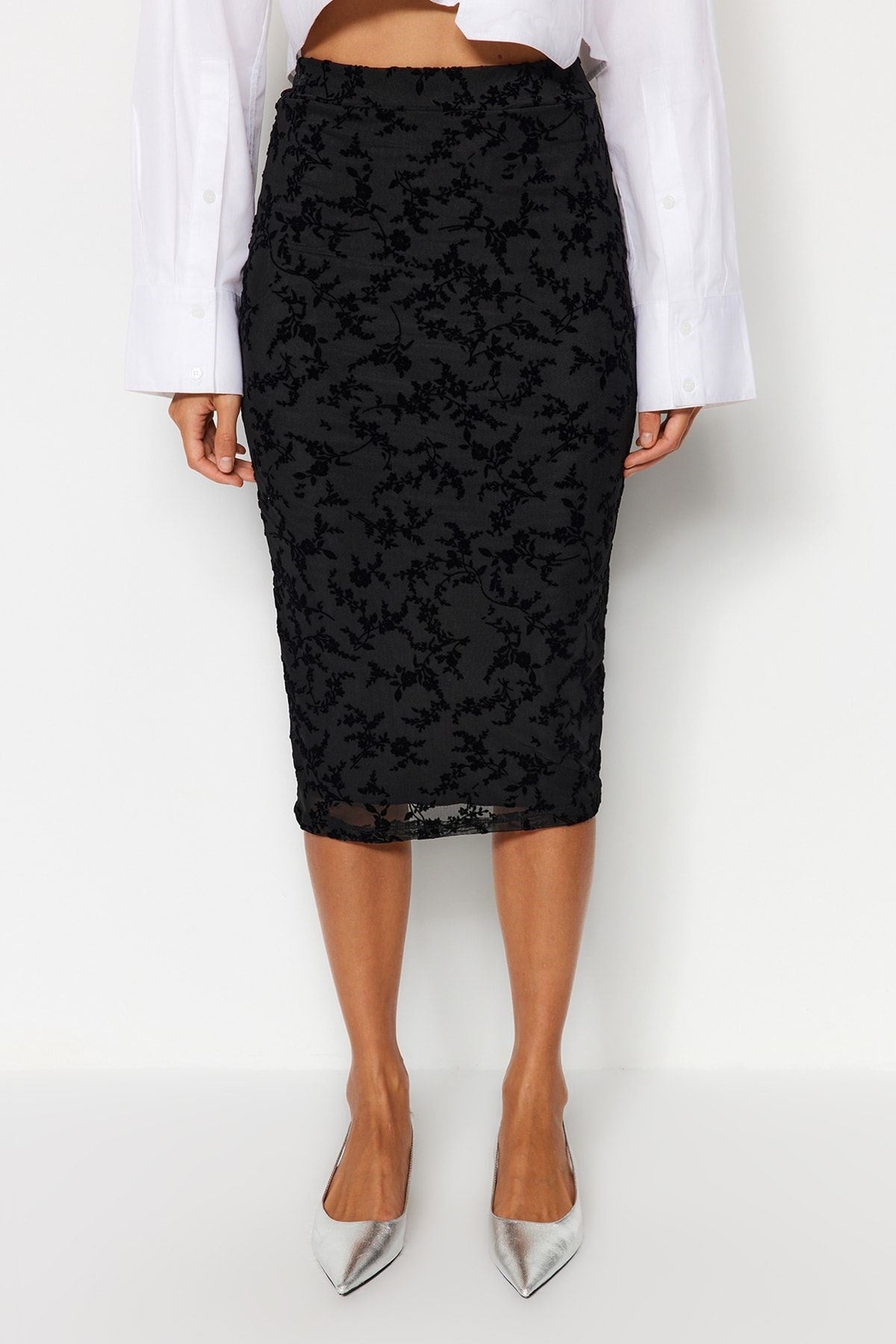 Black Flock Printed Tulle Lined Pencil Midi High Waist Flexible Knitted Skirt Twoaw24et00163