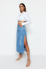 Light Blue Slit High Waist Maxi Denim Skirt Twoss23et00109