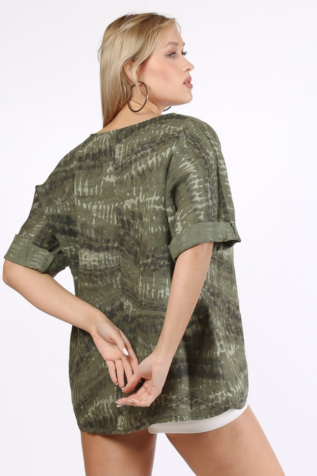 Italian Army Green Round Neck 3/4 Sleeve Patterned Linen Knitted Blouse M10010200bl93291