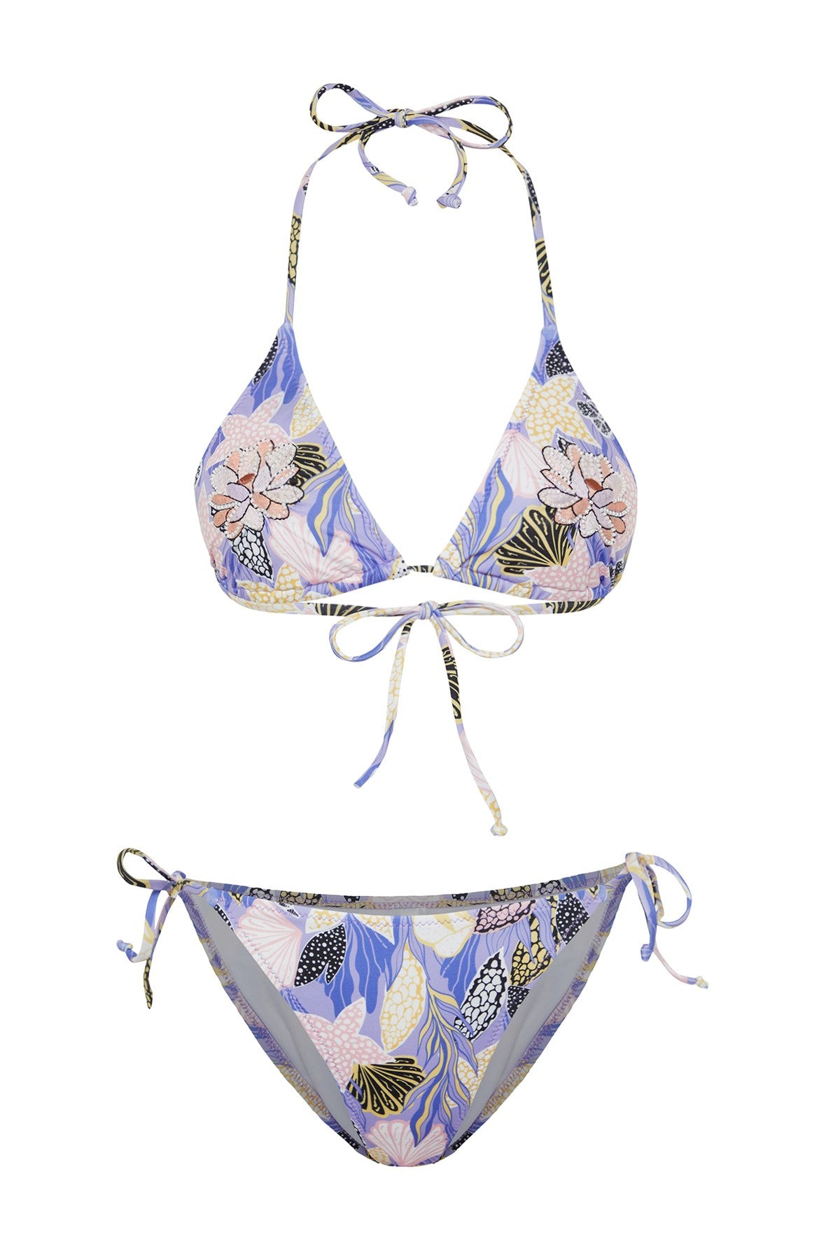 Floral Print Triangle Embroidered Regular Bikini Set Tbess24bt00120