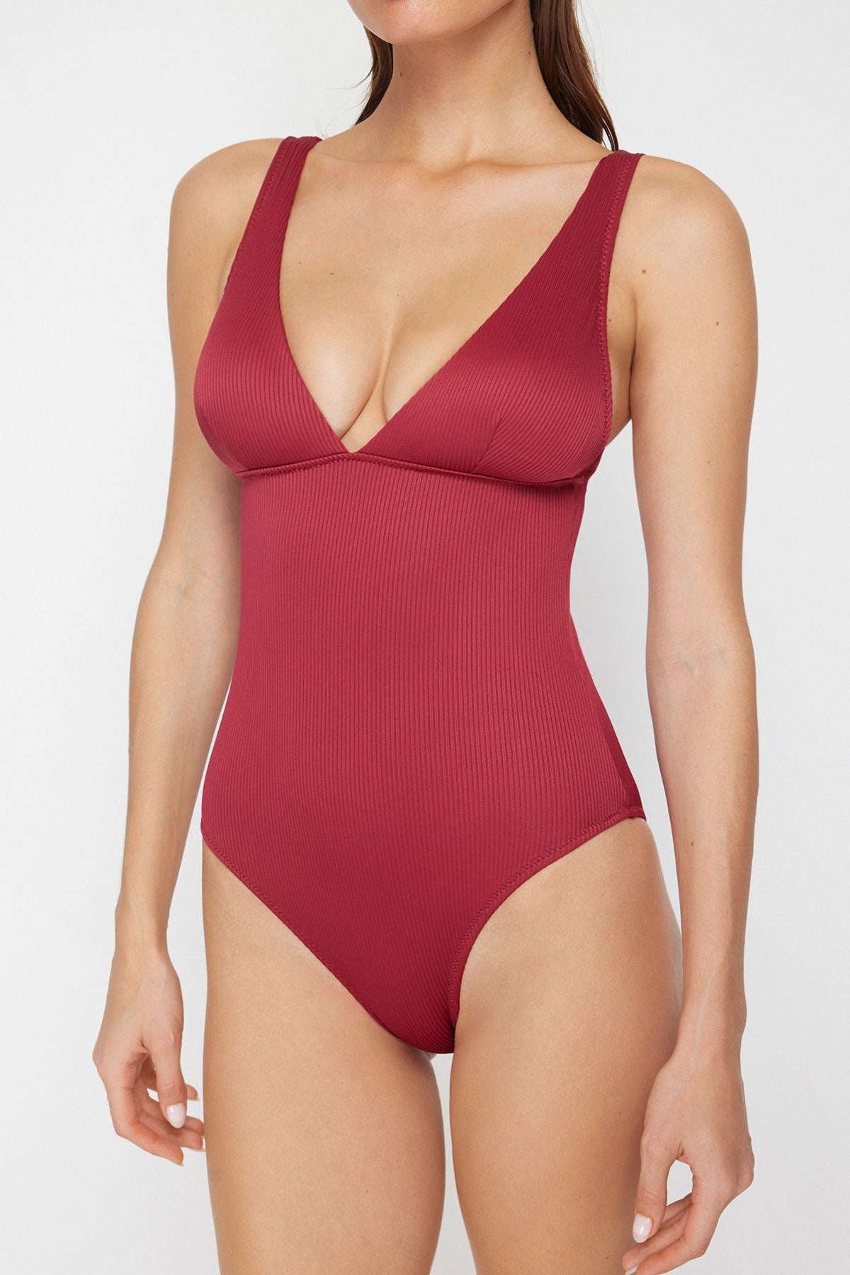 Burgundy V Neck Textured Regular Swimsuit Tbess24ma00056