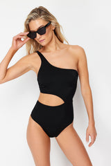 Black One Shoulder Cut Out/window Regular Swimsuit Tbess24my00005