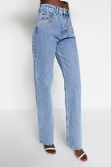 Blue Accessory Detailed High Waist Wide Leg Jeans Twoss23je00204