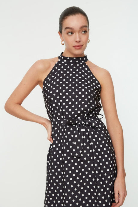 Black Belted Polka Dot A Cut Midi Woven Dress Twoss19yd0032