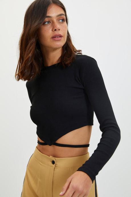 Black Drawstring Detailed Fitted/body Fit Crew Neck Crop Ribbed Stretch Knitted Blouse Twoaw22bz0943