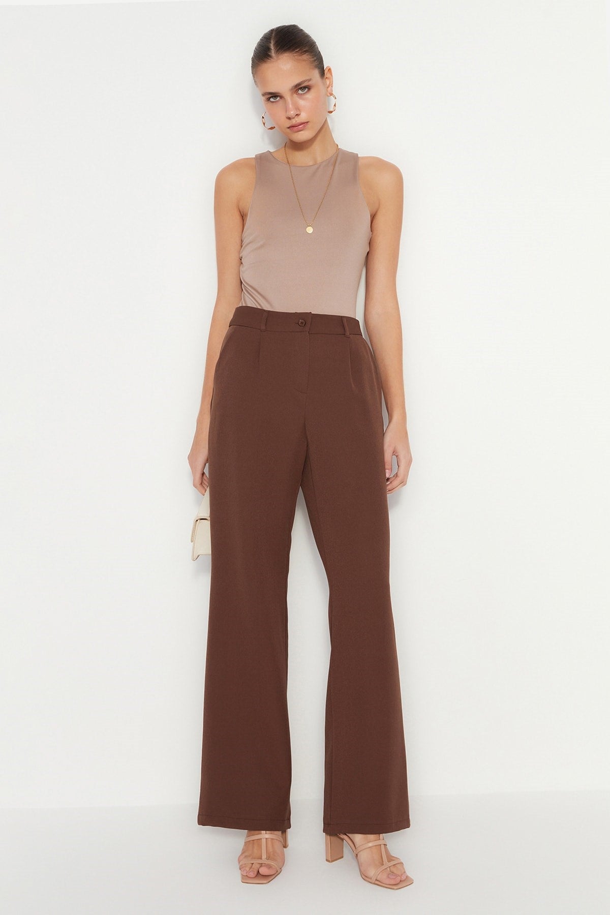 Brown High Waist Wide Leg/wide Leg Pleated Woven Pants Twoaw21pl0076