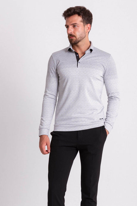 Striped Piece Ecru Color Slim Fit Long Sleeve Polo Collar Men's T-shirt 36667.21k