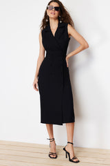 Black Body Wrap Button Detailed Double Neck Sleeveless Midi Woven Dress Twoss24el00616