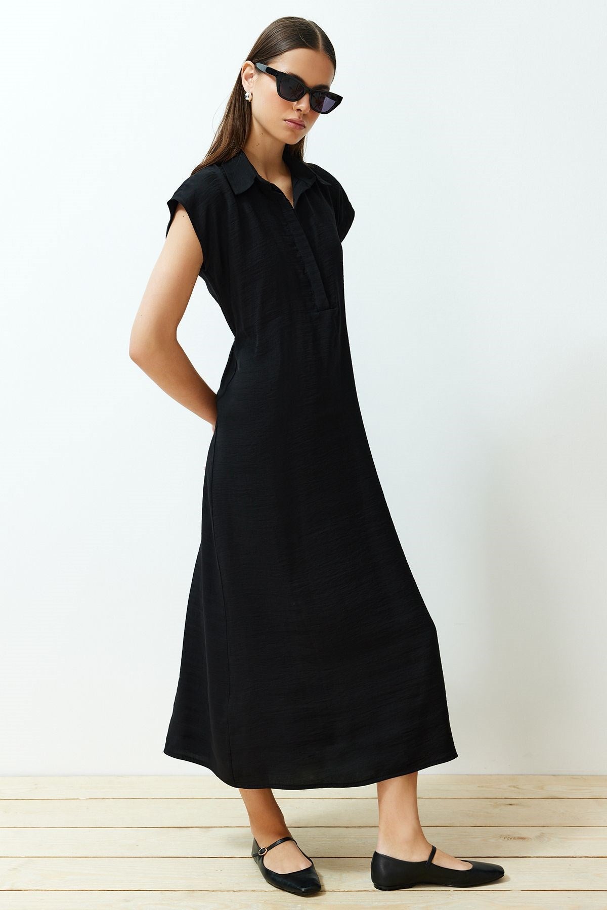 Black A Cut Shirt Collar Aerobin Maxi Woven Dress Twoss24el00621