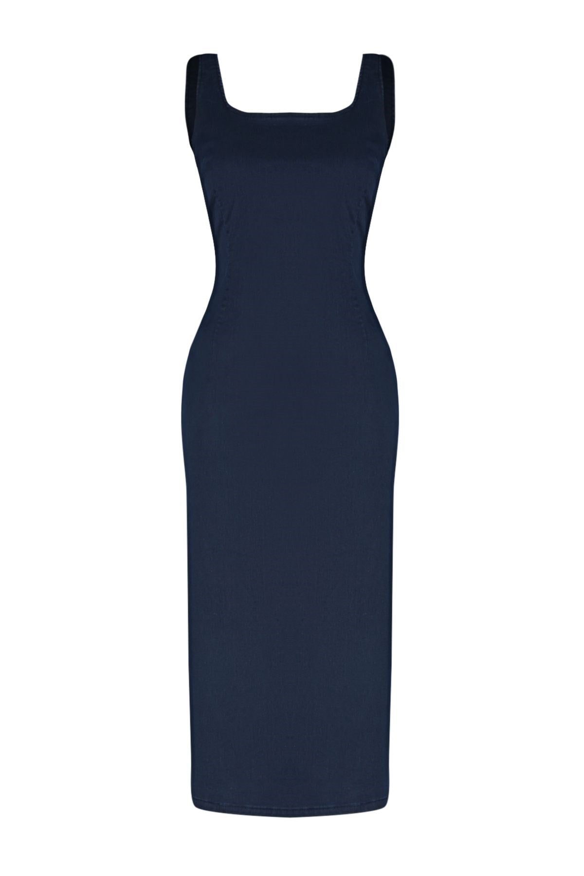 Dark Blue Stitching Detailed Denim Midi Dress Twoss24el00380