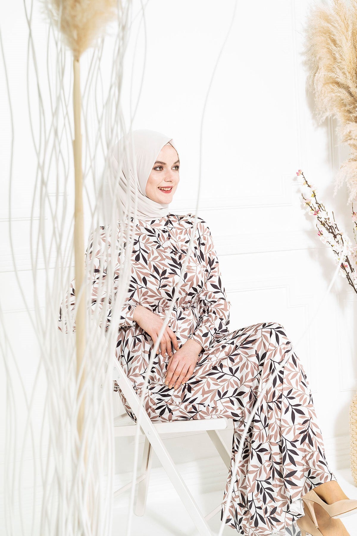 Berfin Leaf Pattern White Hijab Dress 5366 T22el3m5366