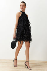 Black Polka Dot Ruffle Chiffon Lined Mini Woven Dress Twoss24el00540