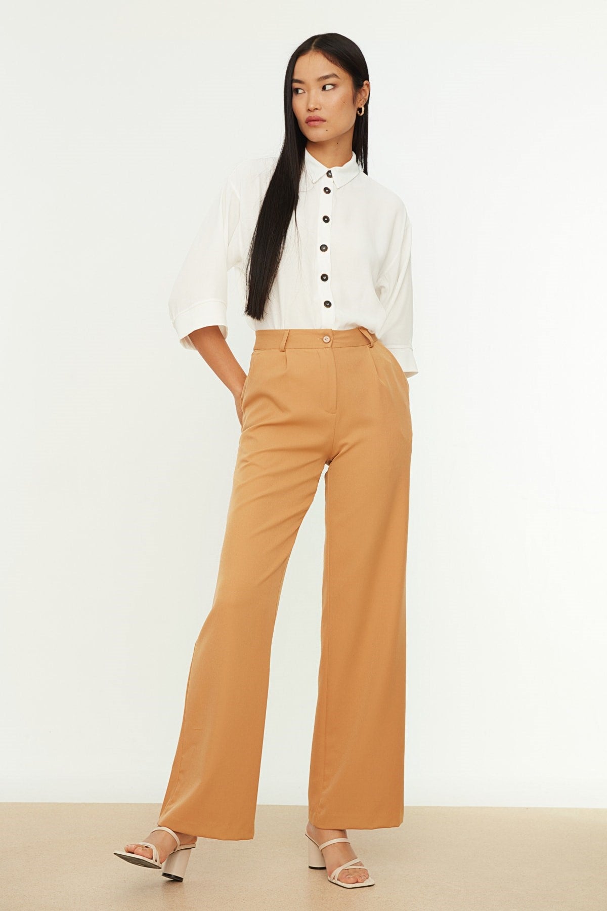 Brown High Waist Wide Leg/wide Leg Pleated Woven Pants Twoaw21pl0076