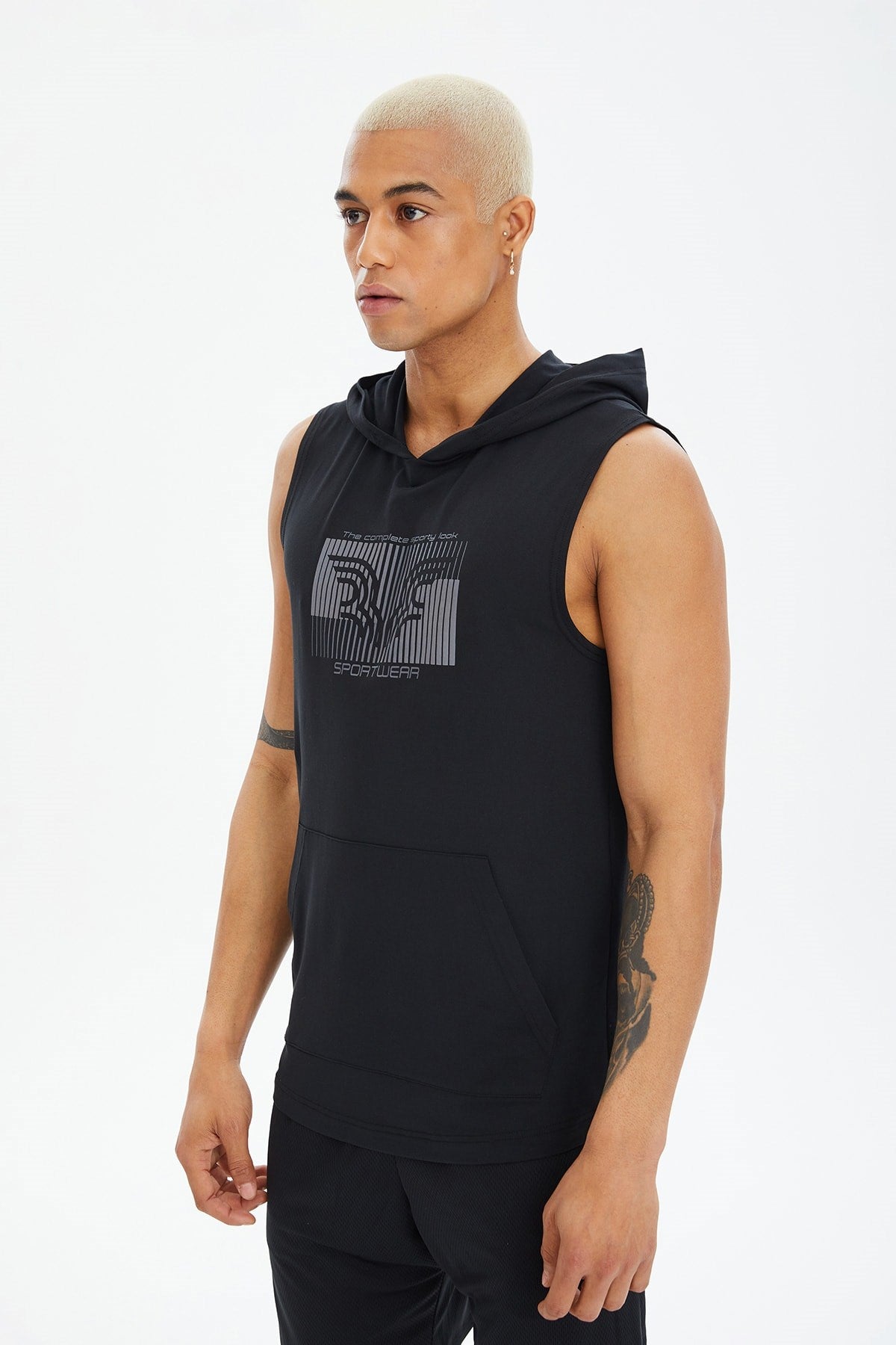 Men's Blue Cotton Plain Printed Pocket Hooded Sleeveless Casual Sports Zero Sleeve Athlete T-shirt T