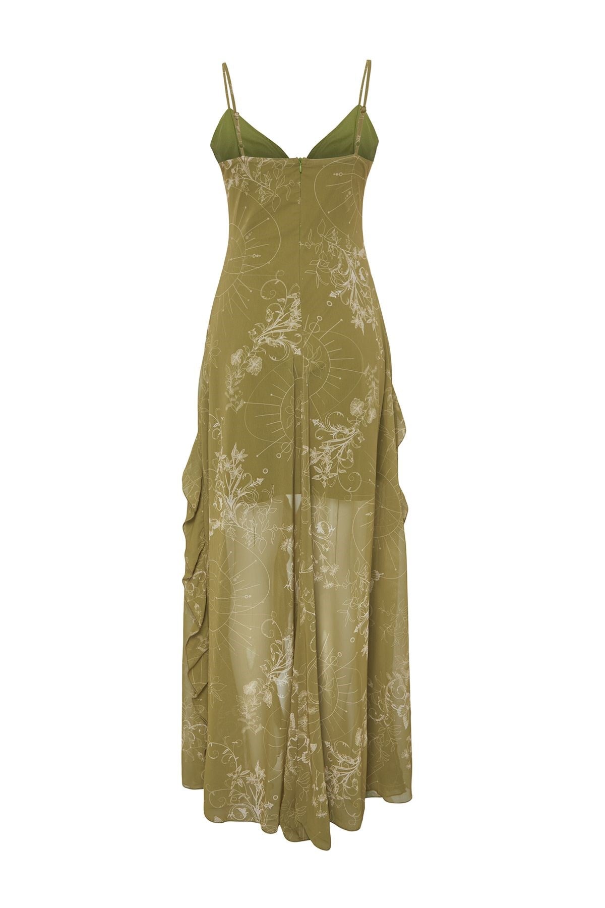 Limited Edition Khaki Floral Pattern Ruffle Chiffon Evening Dress Tprss24ae00050