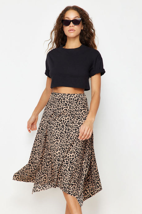 Brown Leopard Print Ruffled Asymmetrical Midi Flexible Knit Skirt Twoaw20et0440