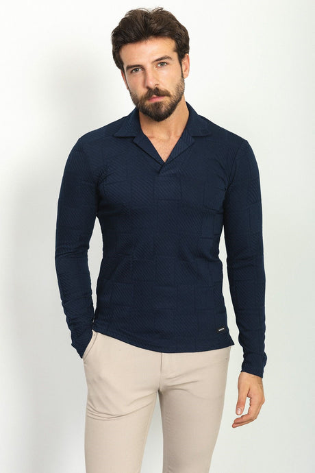 Patterned Navy Blue Color Slim Fit Lapel Collar Long Sleeve Men's T-shirt 36755.22k