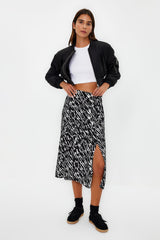 Black Slit Detailed Viscose Fabric Animal Print Midi Woven Skirt Twoaw22et0447