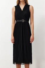 Black Pleated Double-breasted Neckline Chiffon Lined Midi Woven Dress Twoss24el00774