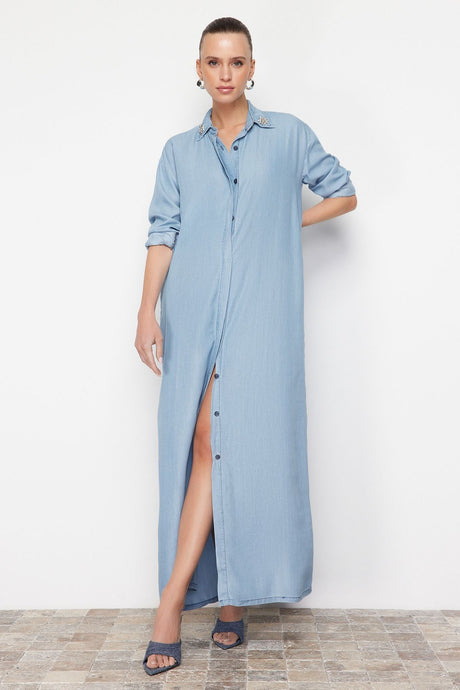 Blue 100% Tencel™ Oversize Denim Long Trench Coat Twoss24tr00029