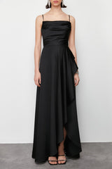 Black Draped Satin Long Night Evening Dress Tprss24ae00109