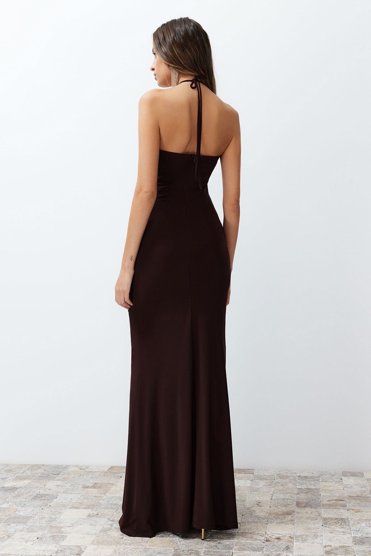 Brown Body Sitting Long Night Evening Dress Tprss24ae00086