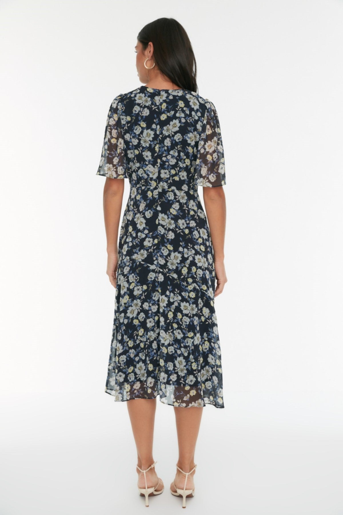 Navy Blue Floral Print A Cut Lined Midi Woven Dress Twoss20el0908