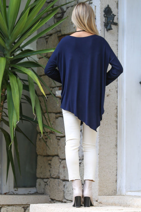 Navy Boat Neck Long Sleeve Knitted Asymmetric Casual Blouse M10010200bl92831