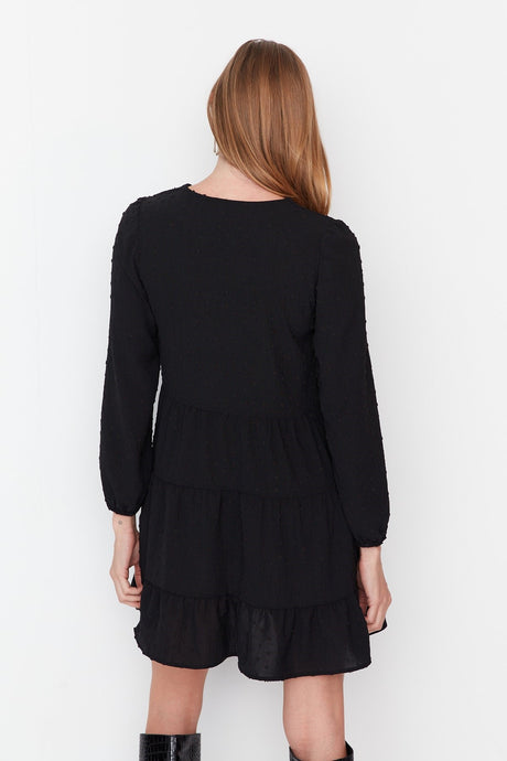 Black Mini Woven Wide Cut Textured Ruffle Dress Twoaw23el01479