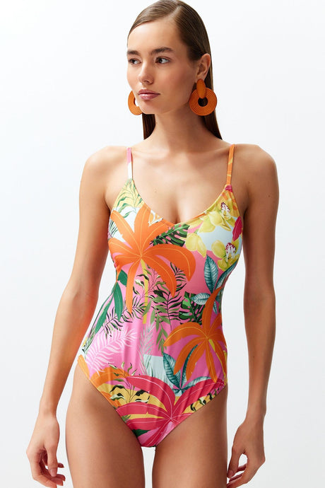 Tropical Print V-neck Back Neckline Regular Swimsuit Tbess24ma00132