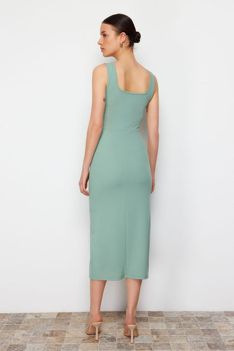 Mint Fitted/body-fitting Slit Square Neckline Flexible Knit Midi Pencil Dress Twoss24el00679