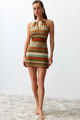 Geometric Pattern Mini Knitted Cut Out/window Knit Look Beach Dress Tbess24el00000