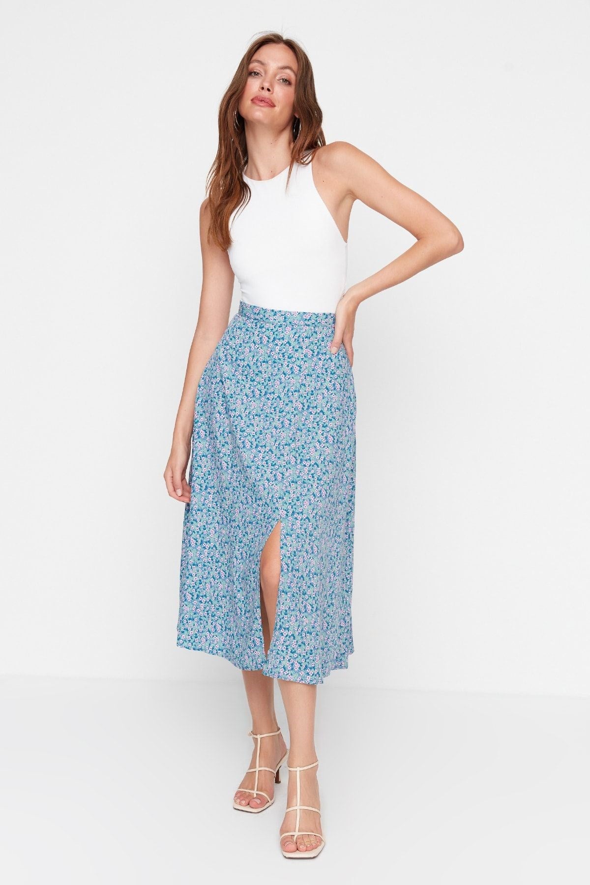 Tile Slit Detailed Floral Pattern Viscose Fabric Midi Woven Skirt Twoss20et0230