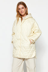 Beige Oversize Hooded Water Repellent Quilted Coat Twoaw22mo0024