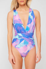 Abstract Patterned Deep Neckline Draped Regular Swimsuit Tbess24ma00134