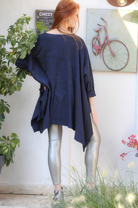 Women's Navy Italian Leopard Pattern Sequin Pocket Detailed Oversized Tunic M10010500tn99595