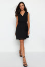 Black Belted V-neck Mini Lined Woven Dress Twoss23el02357