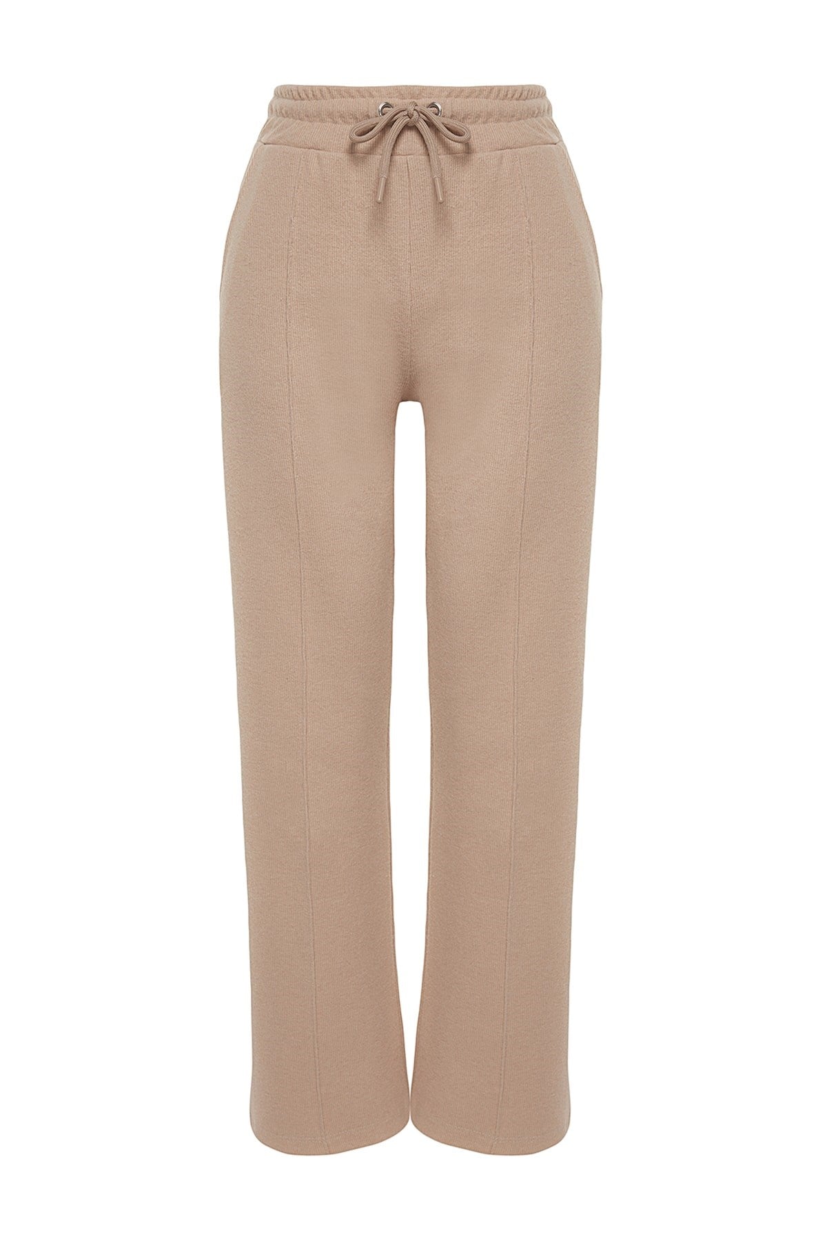 Beige Thessaloniki Fabric Rib Detailed Pockets Wide Straight/plain Knitted Sweatpants Twoaw24ea00021