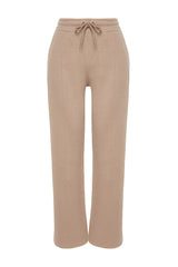 Beige Thessaloniki Fabric Rib Detailed Pockets Wide Straight/plain Knitted Sweatpants Twoaw24ea00021