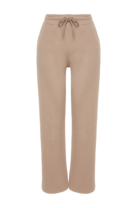 Beige Thessaloniki Fabric Rib Detailed Pockets Wide Straight/plain Knitted Sweatpants Twoaw24ea00021