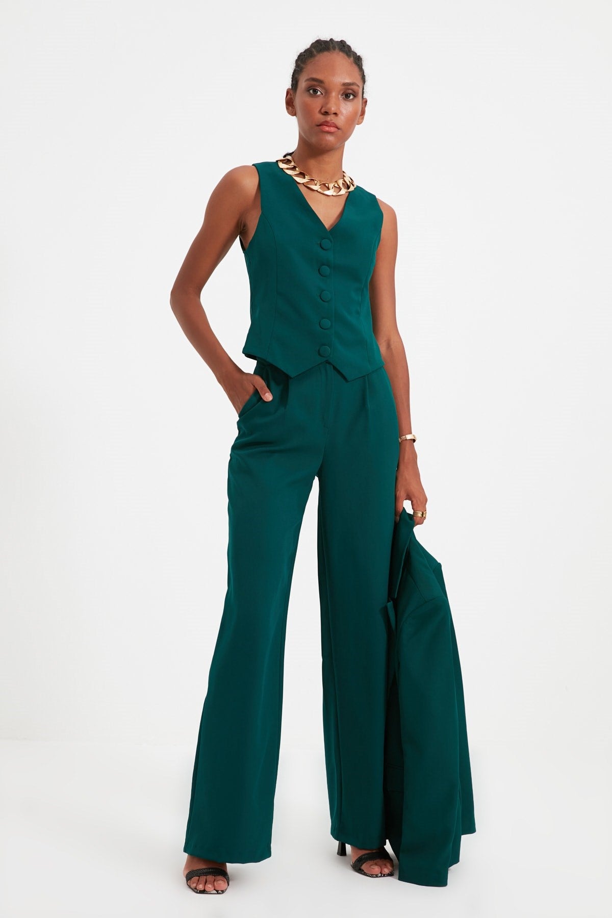 Green Wide Leg Wide Leg Pleated Woven Pants Twoss21pl0189