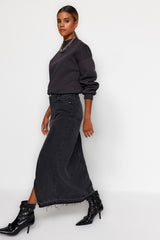 Dark Blue Slit Maxi Denim Skirt Twoss23et00289